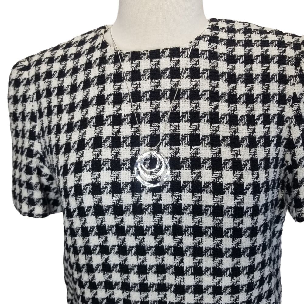 Albert Nipon Dress Size 10 Houndstooth Shift Dress Fringe Trim Black White - Picture 3 of 9